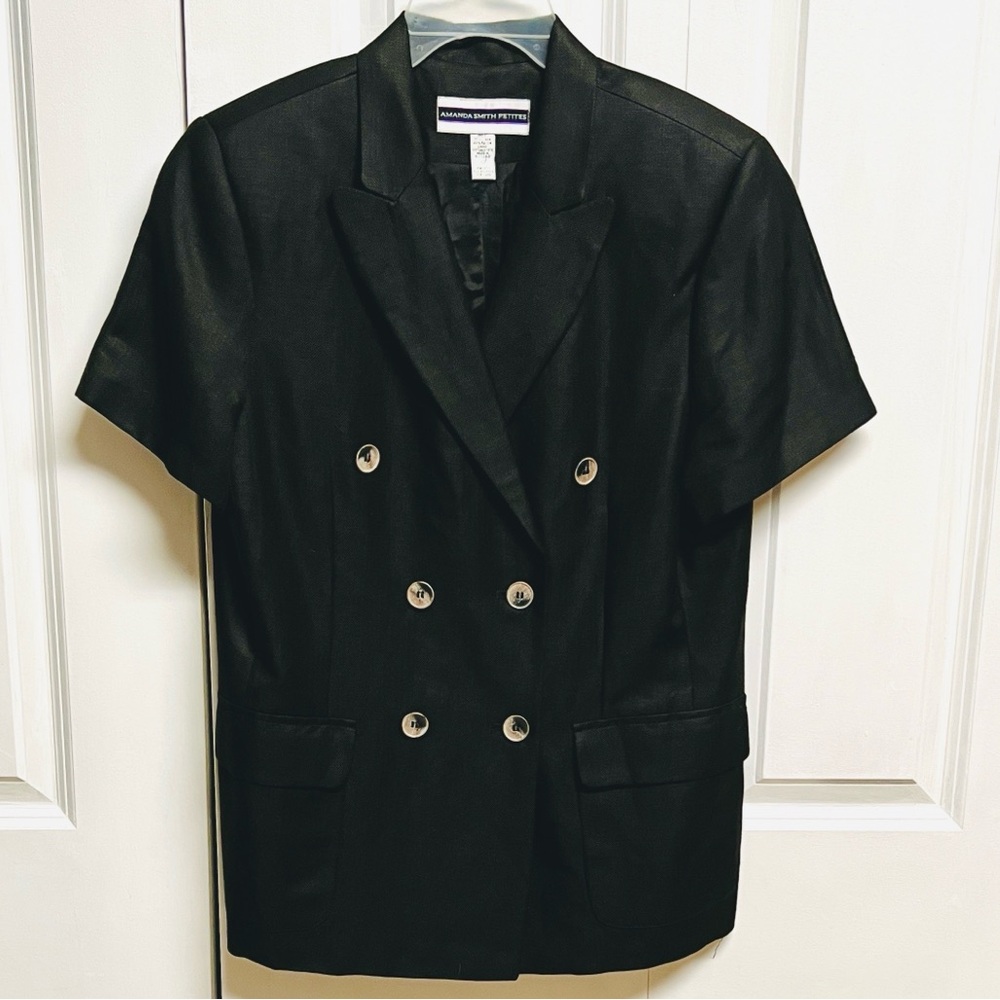 Amanda Smith Black Double-Breasted Short Sleeve Blazer Top Petite Size 12P